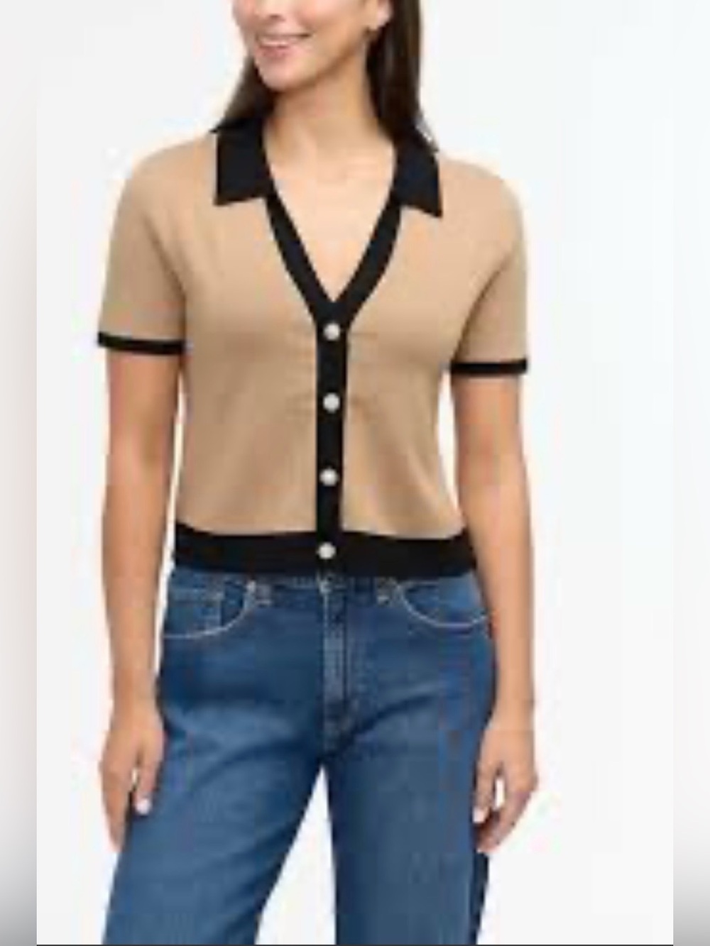 NWT Ellen Tracy Contrast Trim Pearl Button Polo Knit‎ Sweater Cardigan Tan XL